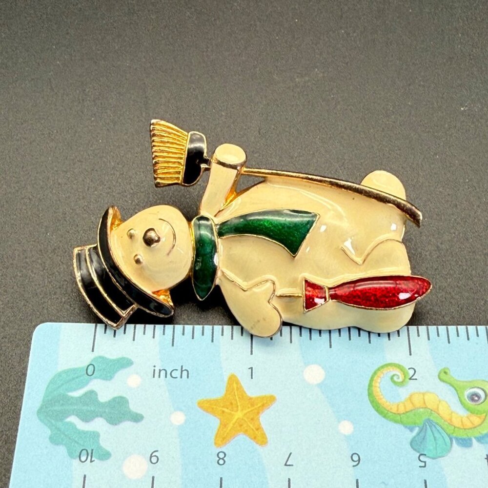 Vintage Eisenberg Ice Snowman Brooch Pin Dapper Enamel Gold Tone Winter Signed - Picture 4 of 5
